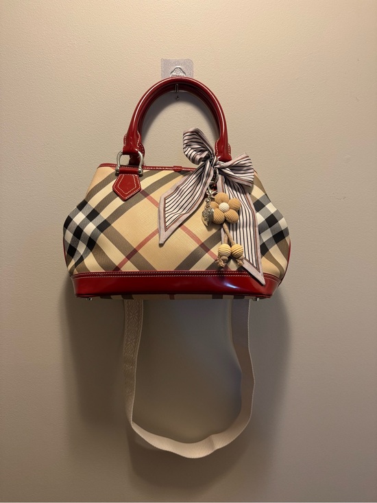Burberry Handbags - Burberry Nova Check Red Patent Leather Satchel + Strap & Tilly Charms